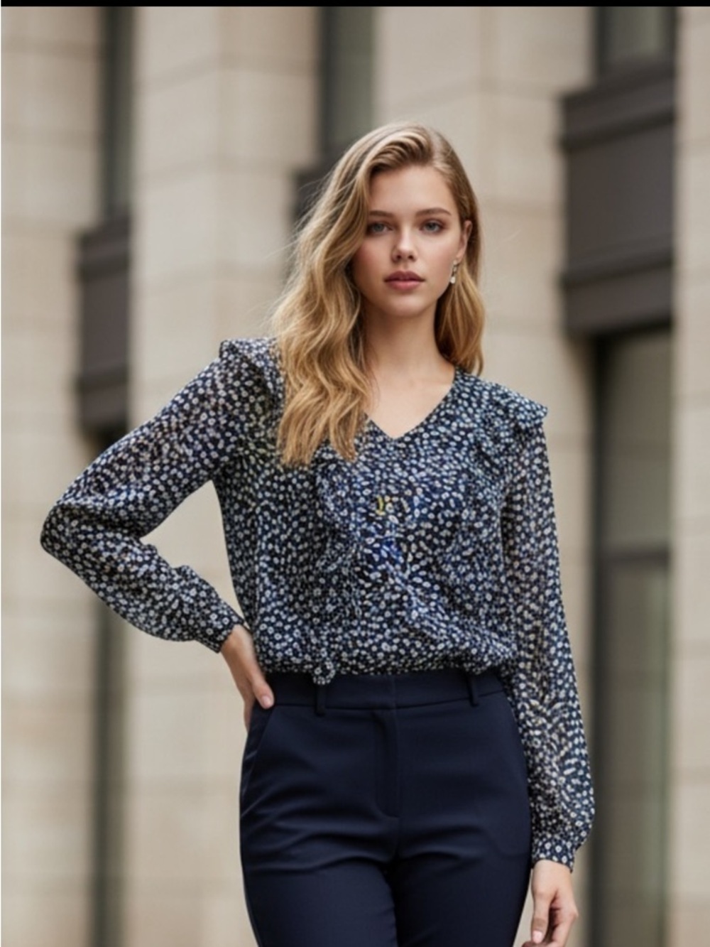 FRNCH Navy Floral Ruffle V-Neck Blouse with Sheer Sleeves